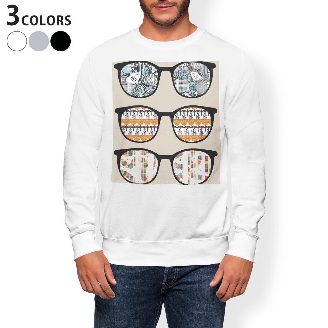 トレーナー メンズ 長袖 ホワイト グレー ブラック デザイン S M L XL 2XL sweatshirt trainer 白 黒 灰色 スウェット 004877 眼鏡 サングラス イラスト