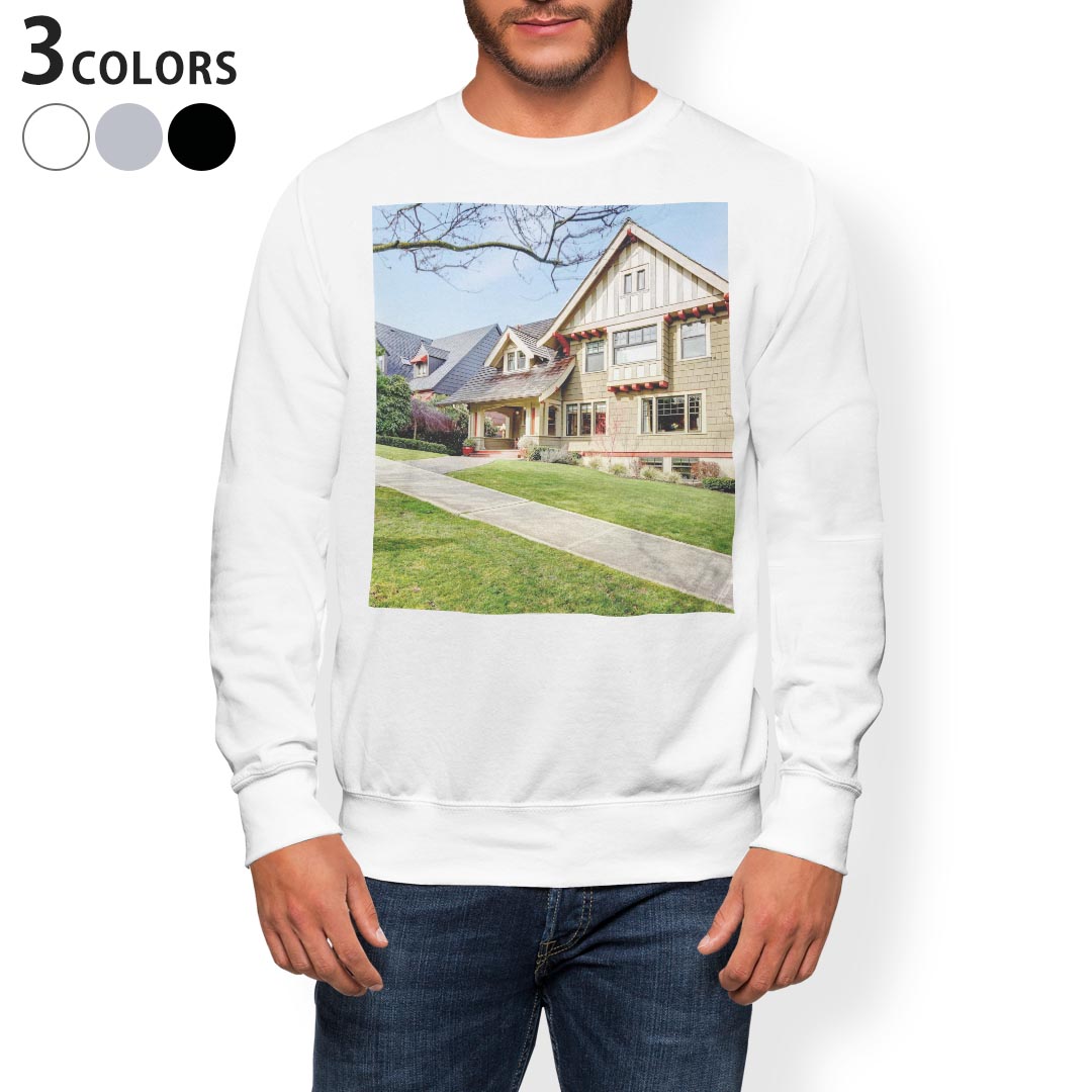 トレーナー メンズ 長袖 ホワイト グレー ブラック デザイン XS S M L XL 2XL sweatshirt　trainer　白　黒　灰色　スウェット 006782 写真　家　空