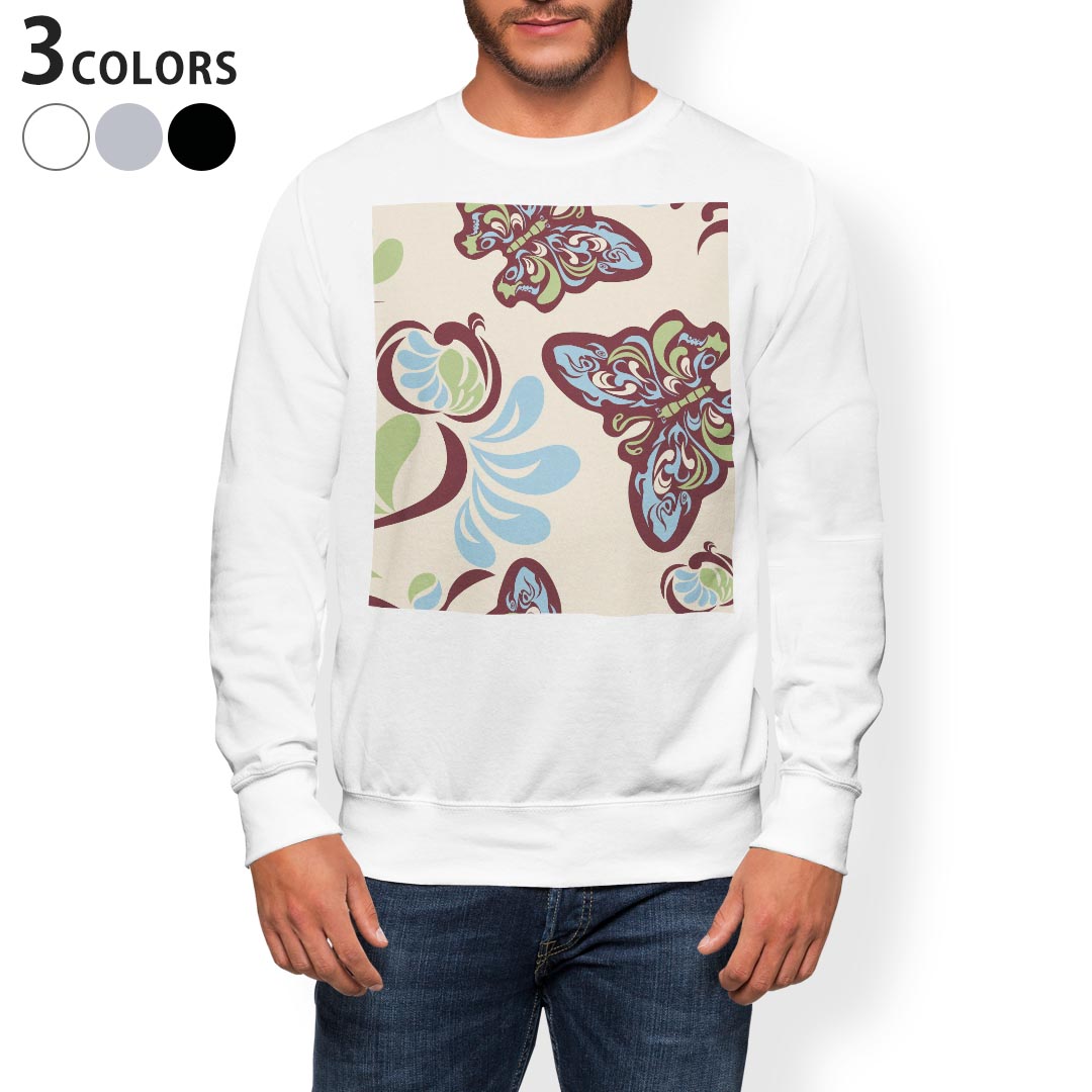 トレーナー メンズ 長袖 ホワイト グレー ブラック デザイン XS S M L XL 2XL sweatshirt trainer 白 黒 灰色 スウェット 007238 蝶 イラスト