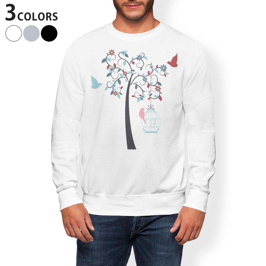 トレーナー メンズ 長袖 ホワイト グレー ブラック デザイン XS S M L XL 2XL sweatshirt　trainer　白　黒　灰色　スウェット 009775 フラワー　鳥　花