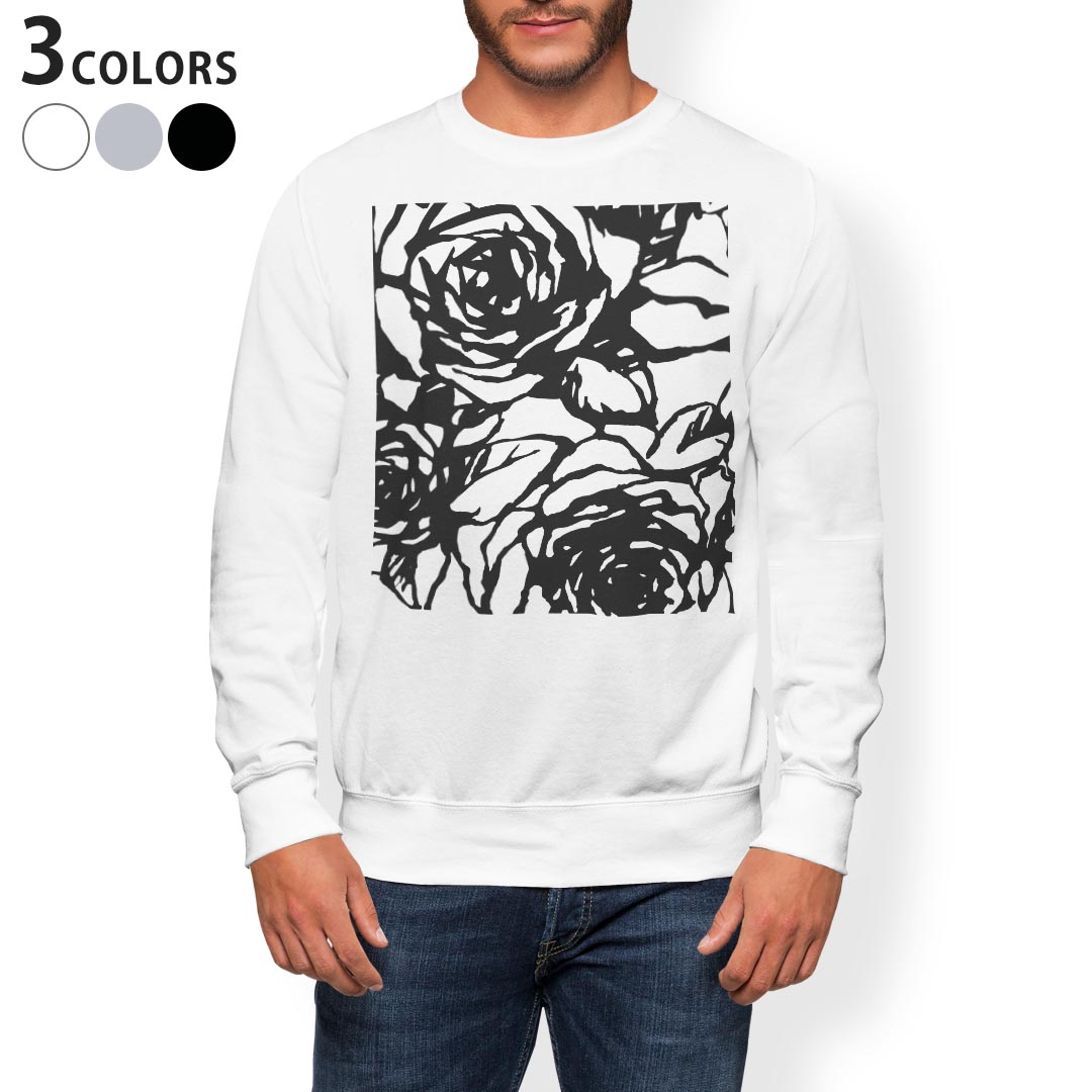 トレーナー メンズ 長袖 ホワイト グレー ブラック デザイン XS S M L XL 2XL sweatshirt　trainer　白　黒　灰色　スウェット 010286 フラワー　花　白　黒