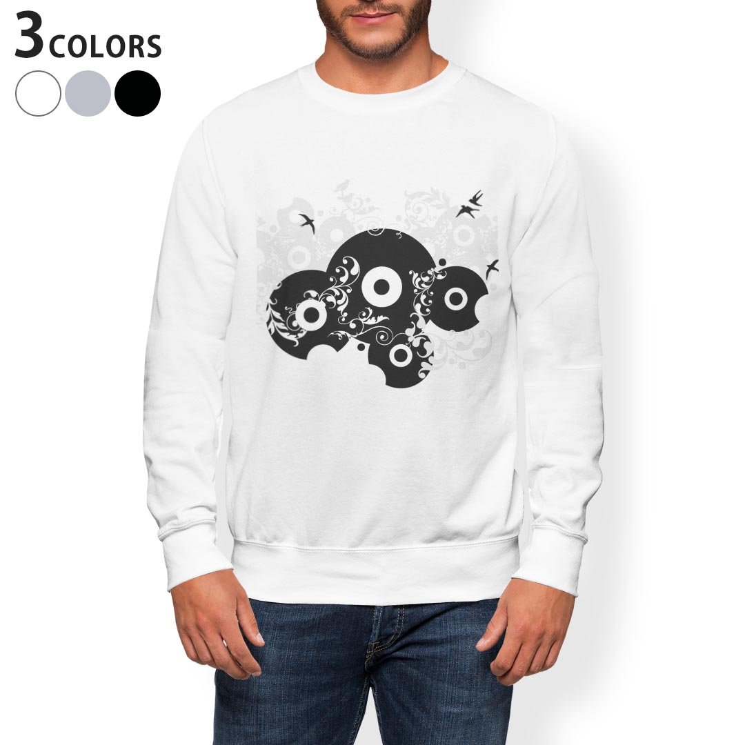 トレーナー メンズ 長袖 ホワイト グレー ブラック デザイン S M L XL 2XL sweatshirt trainer 白 黒 灰色 スウェット 013186 モノトーン 鳥 つた