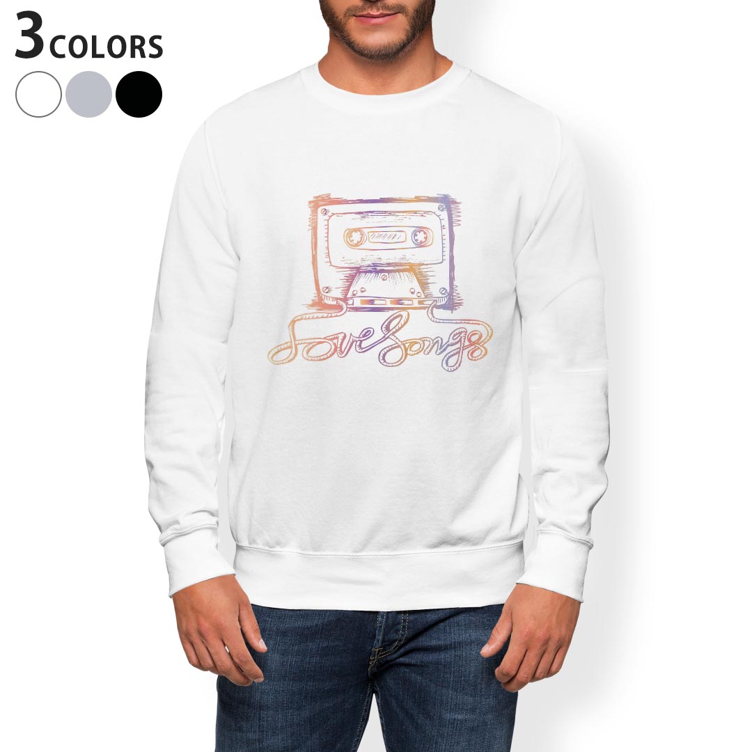 トレーナー メンズ 長袖 ホワイト グレー ブラック デザイン S M L XL 2XL sweatshirt trainer 白 黒 灰色 スウェット 014793 音楽 テープ カラフル