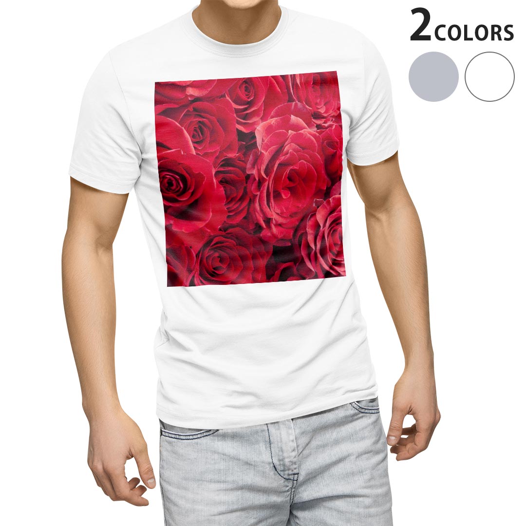 Tシャツ メンズ 半袖 ホワイト グレー デザイン S M L XL 2XL Tシャツ ティーシャツ T shirt 000124 バラ　赤　花束