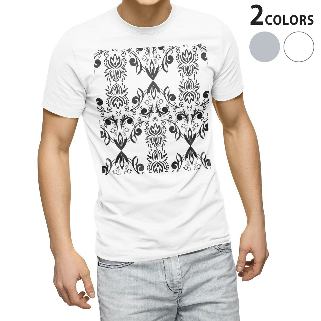 運動 - Tシャツ メンズ 半袖 ホワイト グレー デザイン S M L XL 2XL Tシャツ ティーシャツ T shirt 000780 モノトーン　ダマスク