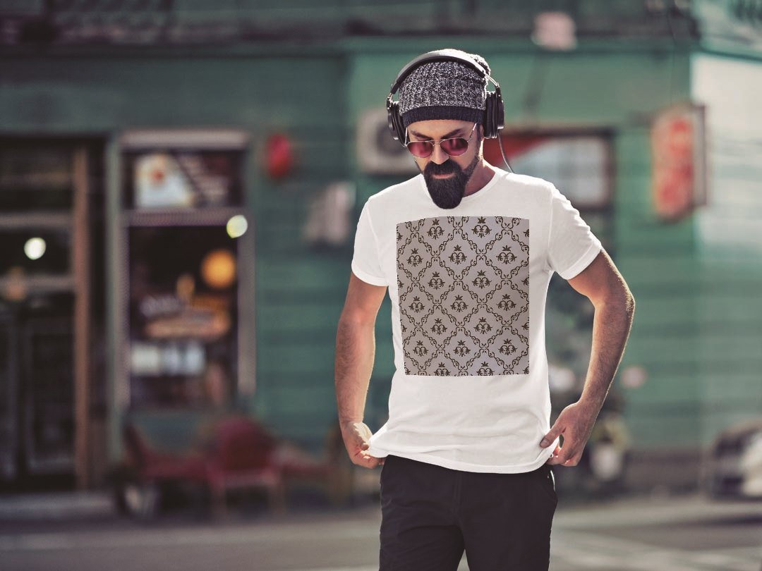 Tシャツ メンズ 半袖 ホワイト グレー デザイン S M L XL 2XL Tシャツ ティーシャツ T shirt 000771 ダマスク　模様