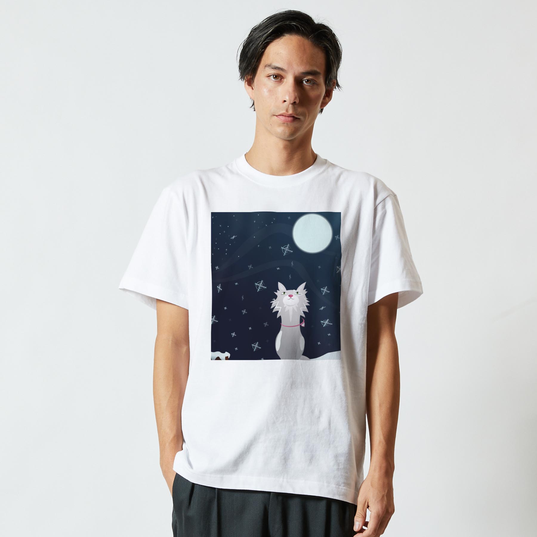 Tシャツ メンズ 半袖 ホワイト 無地 デザイン M ティーシャツ T shirt 001138 満月　オオカミ