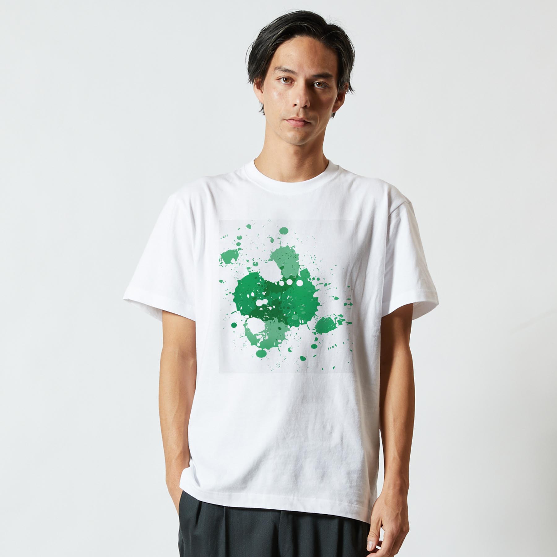 Tシャツ メンズ 半袖 ホワイト 無地 デザイン M ティーシャツ T shirt 002533 シンプル　絵の具　緑