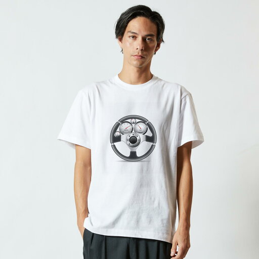 Tシャツ メンズ 半袖 ホワイト 無地 デザイン M ティーシャツ T shirt 002757 車 ハンドル イラスト