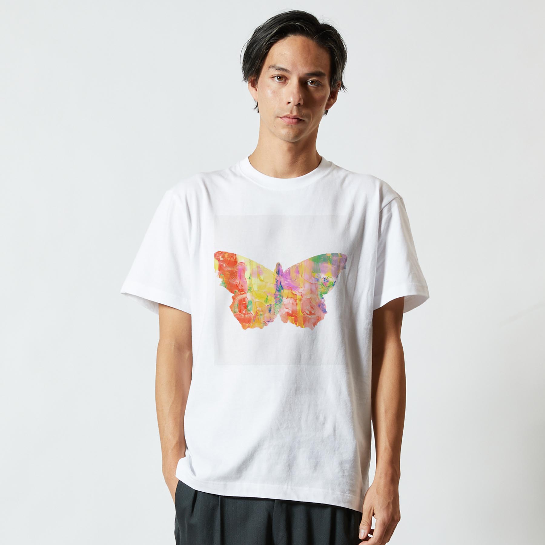 Tシャツ メンズ 半袖 ホワイト グレー デザイン S M L XL 2XL Tシャツ ティーシャツ T shirt 026258 蝶々　カラフル　絵具 kabekore-10925426 kabeコレ サンプル画像2