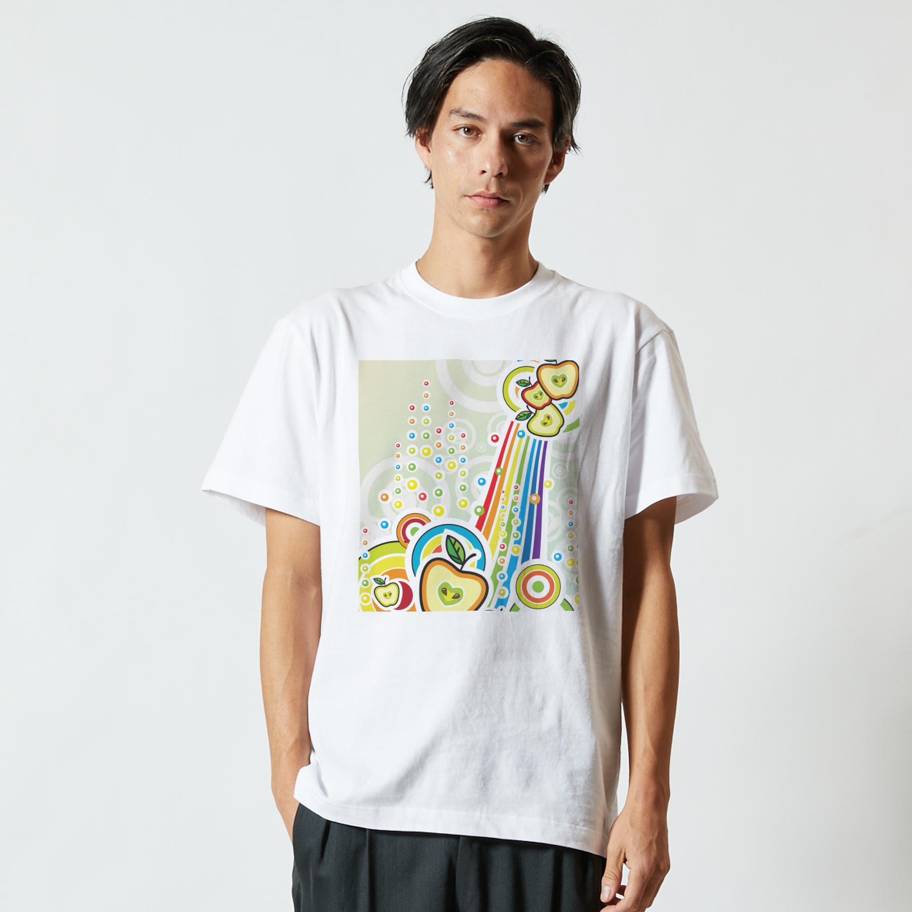 Tシャツ メンズ 半袖 ホワイト 無地 デザイン M ティーシャツ T shirt 004961 林檎　ポップ　カラフル