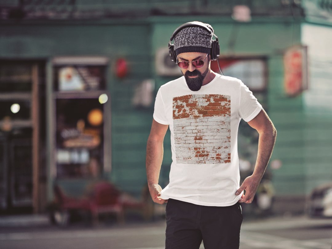 Tシャツ メンズ 半袖 ホワイト グレー デザイン S M L XL 2XL Tシャツ ティーシャツ T shirt 005069 レンガ　写真　ブラウン