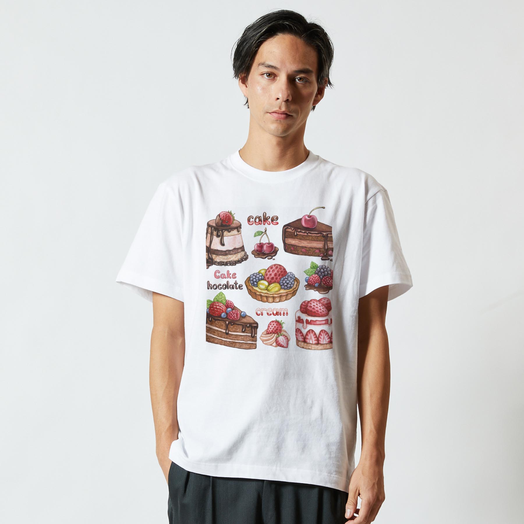 Tシャツ メンズ 半袖 ホワイト 無地 デザイン M ティーシャツ T shirt 005184 ケーキ　デザート　イラスト