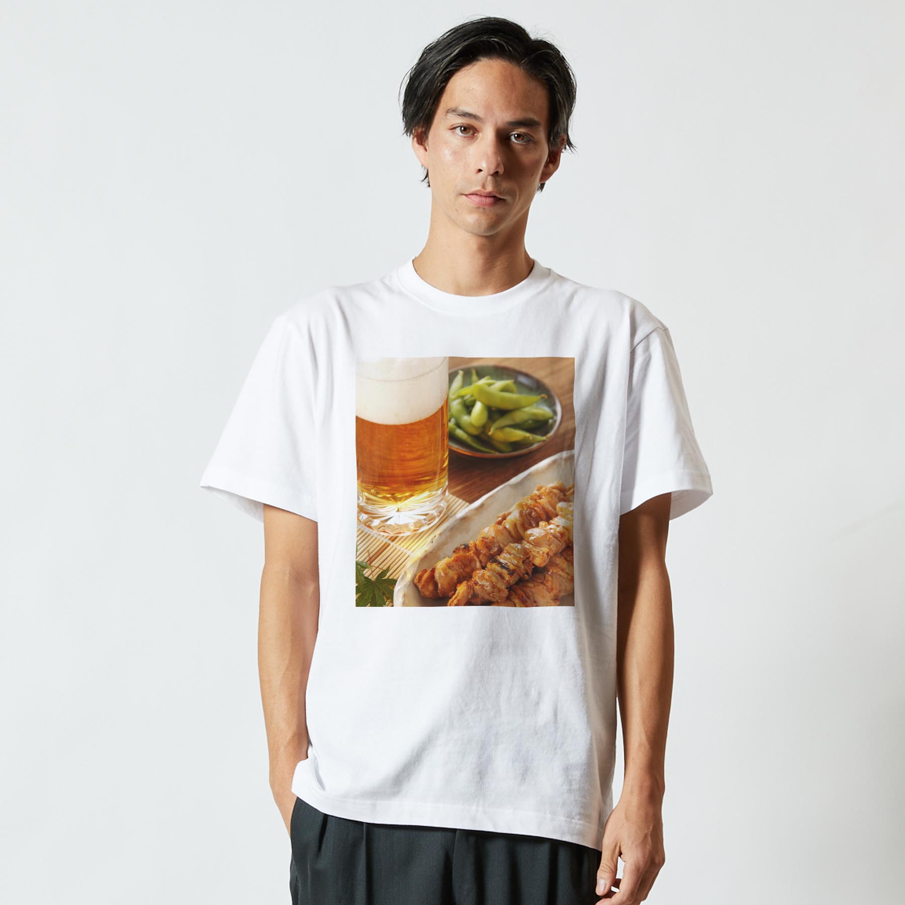 tシャツ メンズ 半袖 ホワイト グレー デザイン XS S M L XL 2XL Tシャツ ティーシャツ T shirt 005188 写真・風景 ビール　焼き鳥　写真