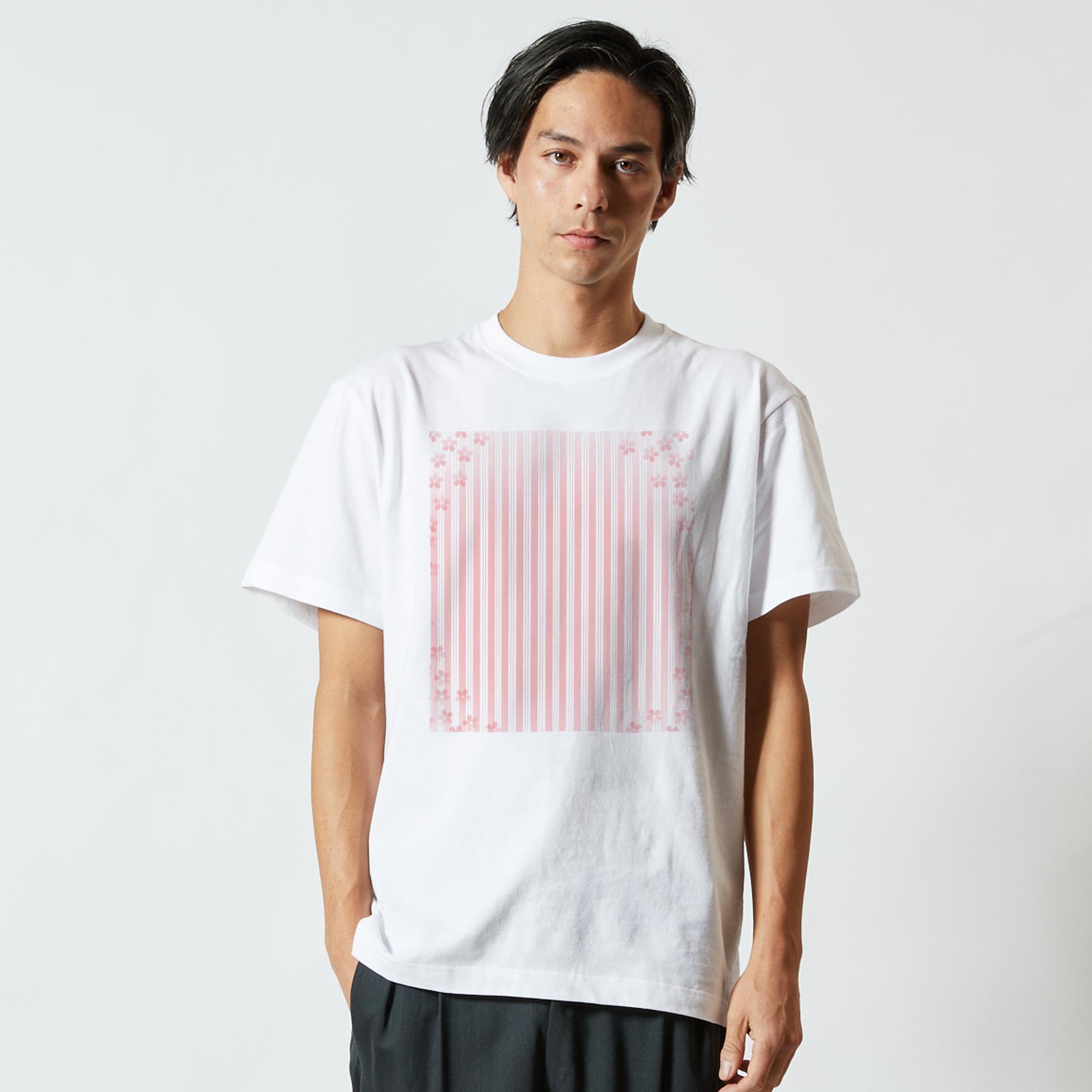 Tシャツ メンズ 半袖 ホワイト 無地 デザイン M ティーシャツ T shirt 005292 桜　ピンク　縞模様