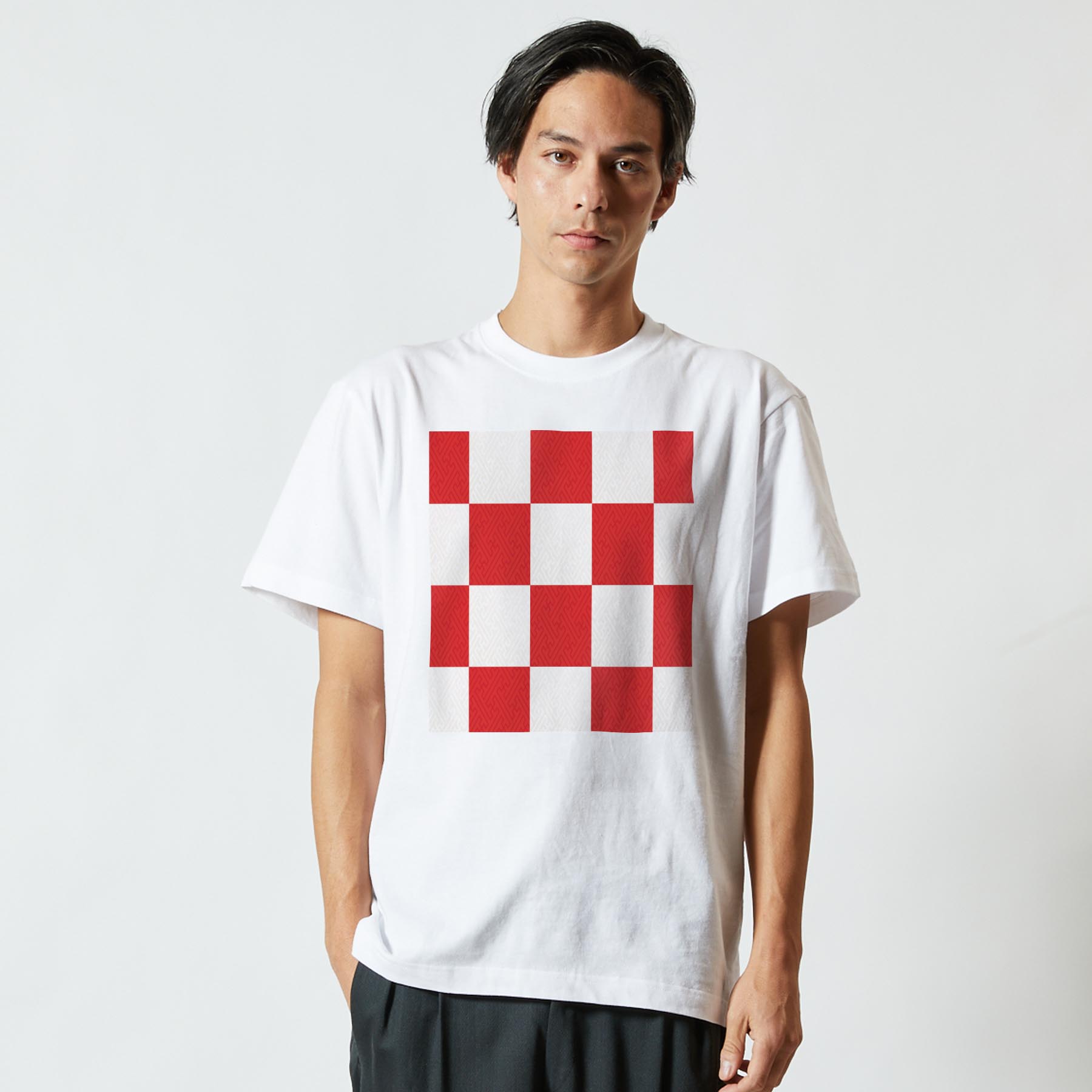 Tシャツ メンズ 半袖 ホワイト 無地 デザイン M ティーシャツ T shirt 005761 市松模様　和風　和柄