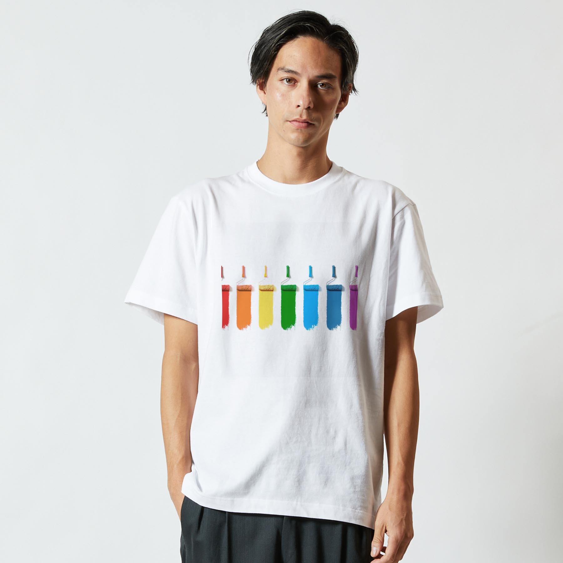 Tシャツ メンズ 半袖 ホワイト 無地 デザイン M ティーシャツ T shirt 006035 レインボー　インク　ペンキ