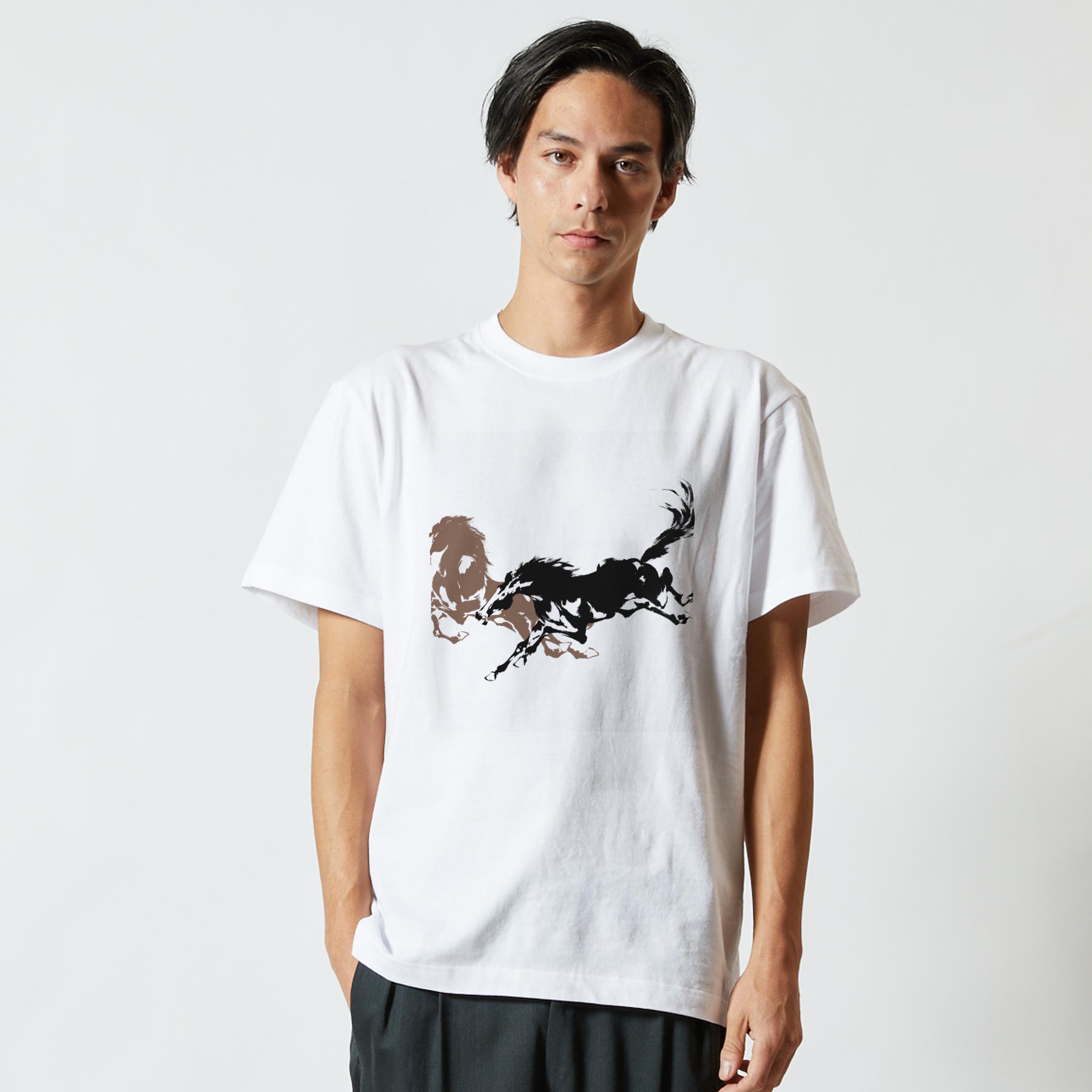 Tシャツ メンズ 半袖 ホワイト グレー デザイン S M L XL 2XL Tシャツ ティーシャツ T shirt 007365 馬　イラスト　黒　ブラック　ブラウン