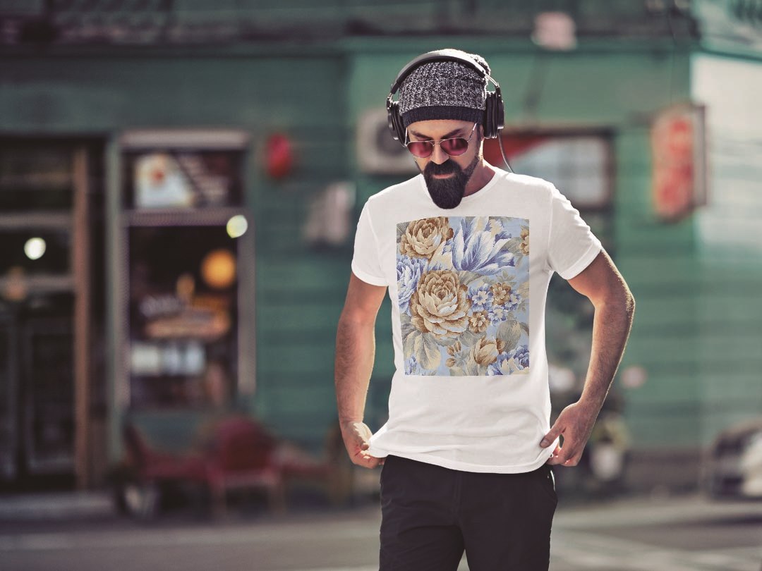 Tシャツ メンズ 半袖 ホワイト グレー デザイン S M L XL 2XL Tシャツ ティーシャツ T shirt 007688 花　　模様　青　ブルー