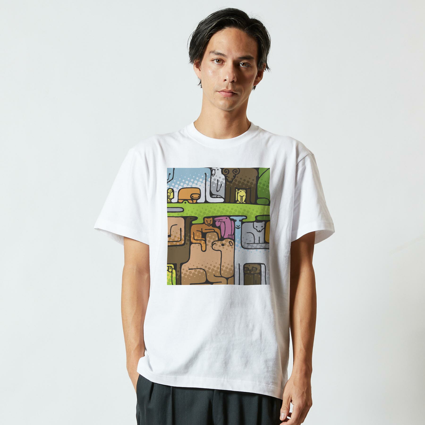 Tシャツ メンズ 半袖 ホワイト グレー デザイン S M L XL 2XL Tシャツ ティーシャツ T shirt 007918 動物　イラスト　ワニ　ヒョウ