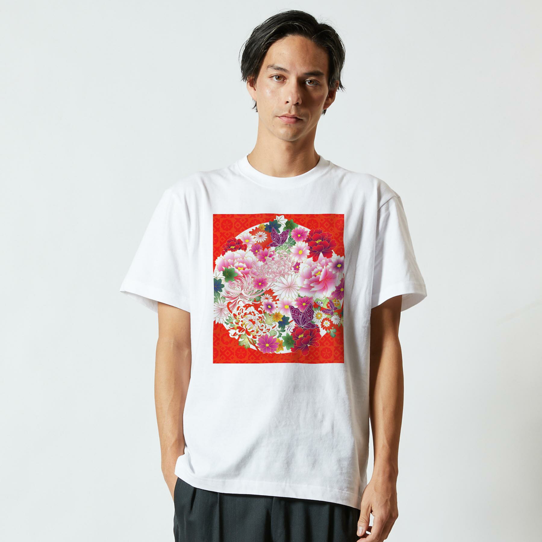 Tシャツ メンズ 半袖 ホワイト グレー デザイン S M L XL 2XL Tシャツ ティーシャツ T shirt 007935 和風　和柄　花　　赤　レッド