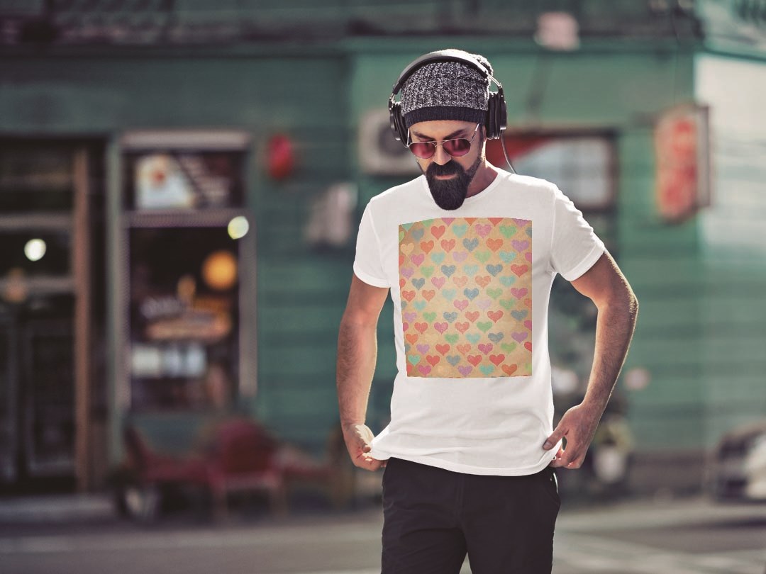 Tシャツ メンズ 半袖 ホワイト グレー デザイン S M L XL 2XL Tシャツ ティーシャツ T shirt 008059 ハート　カラフル　模様　レトロ