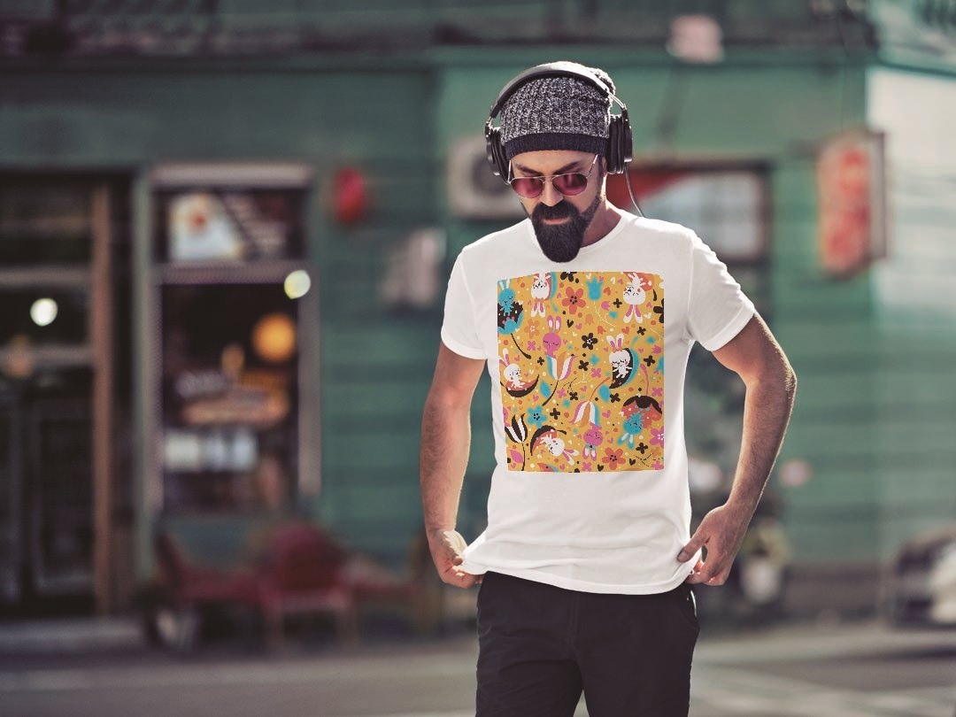 Tシャツ メンズ 半袖 ホワイト グレー デザイン S M L XL 2XL Tシャツ ティーシャツ T shirt 008076 花　　うさぎ　兎　キャラクター — vista 2