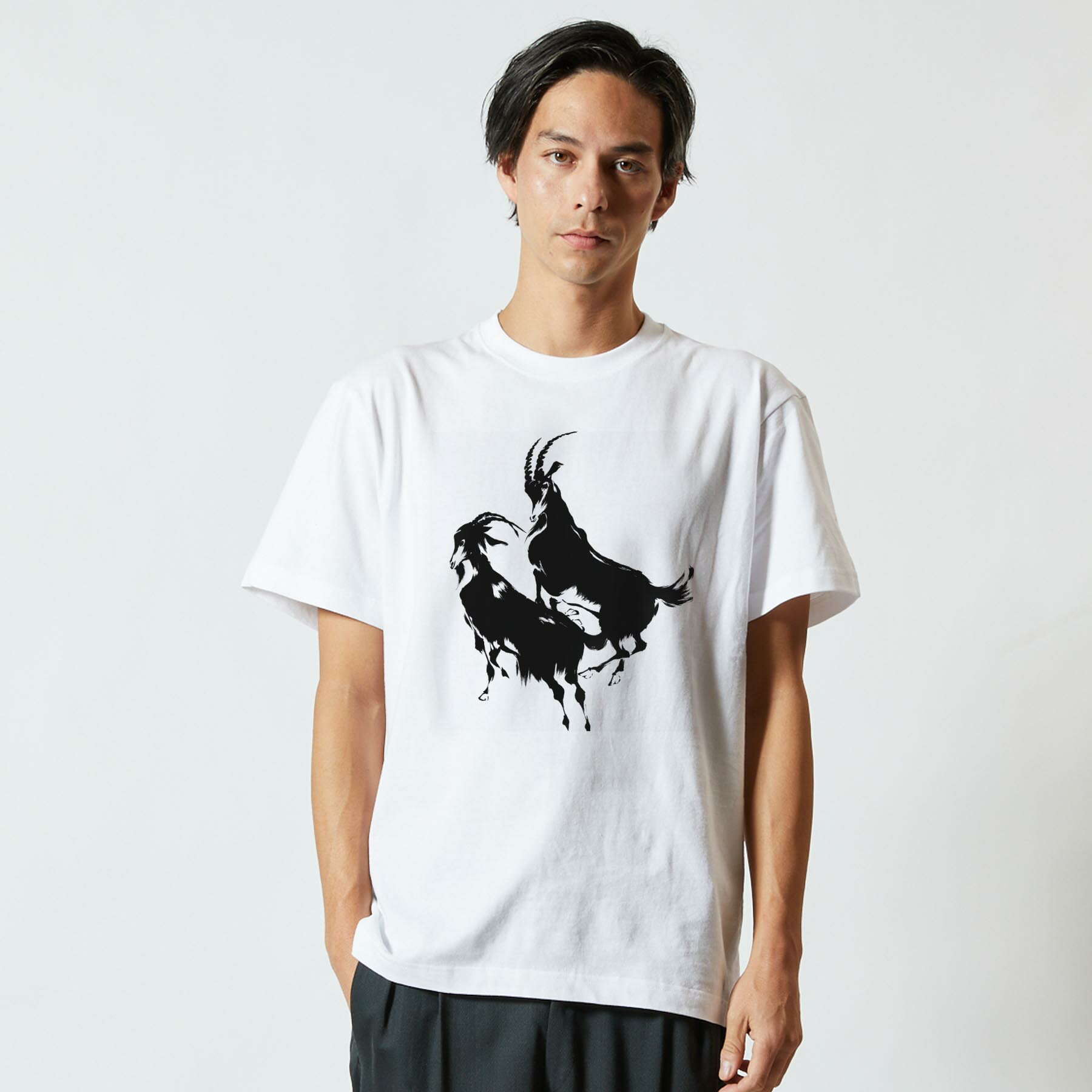 Tシャツ メンズ 半袖 ホワイト グレー デザイン S M L XL 2XL Tシャツ ティーシャツ T shirt 008152 やぎ　山羊　白黒　動物