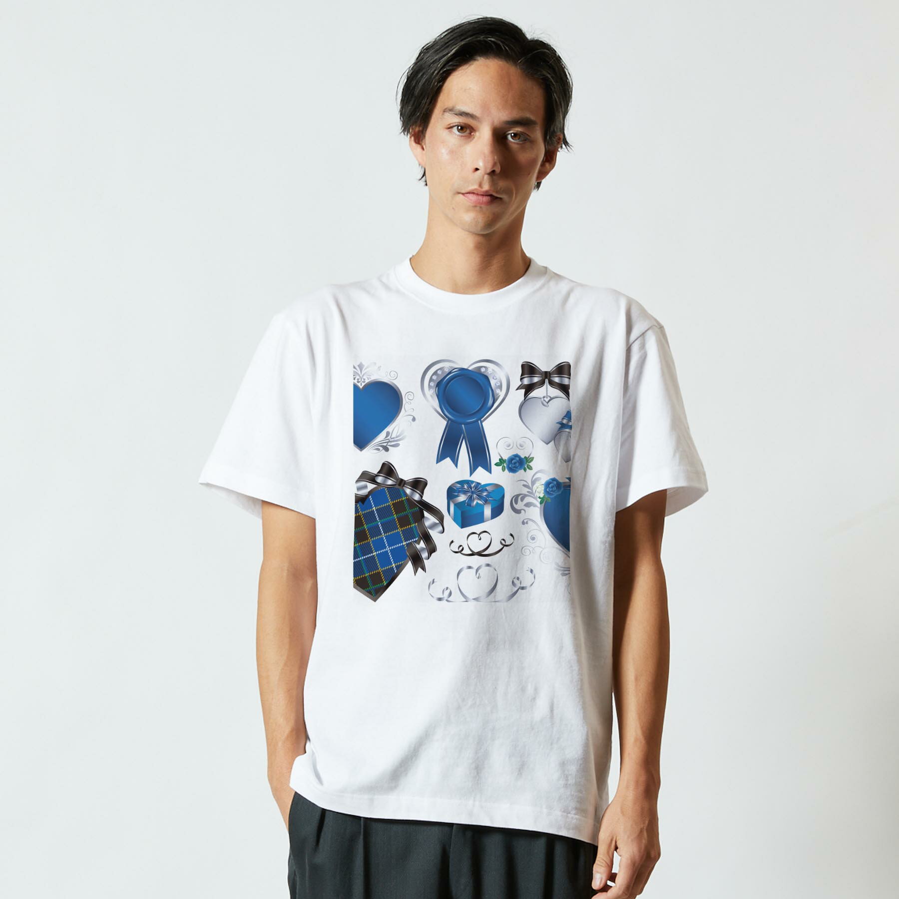 Tシャツ メンズ 半袖 ホワイト 無地 デザイン M ティーシャツ T shirt 008302 ホワイトデー ハート リボン 青 ブルー