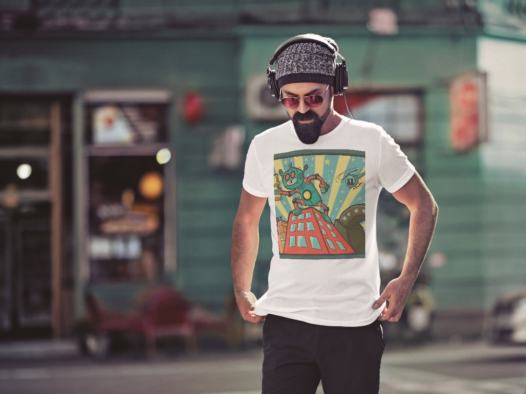 Tシャツ メンズ 半袖 ホワイト 無地 デザイン M ティーシャツ T shirt 008742 ロボット　イラスト　レトロ
