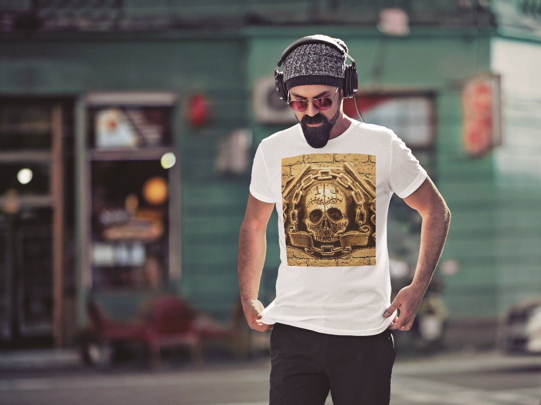 Tシャツ メンズ 半袖 ホワイト グレー デザイン S M L XL 2XL Tシャツ ティーシャツ T shirt 008879 ドクロ　髑髏　黄色　イエロー