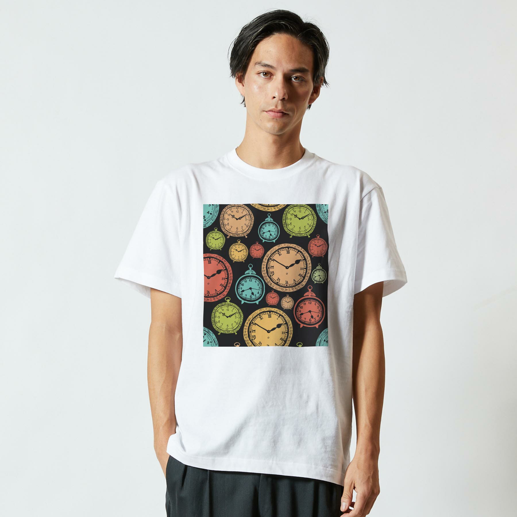 Tシャツ メンズ 半袖 ホワイト 無地 デザイン M ティーシャツ T shirt 009701 時計　アンティーク