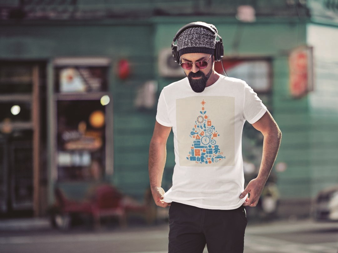 Tシャツ メンズ 半袖 ホワイト グレー デザイン S M L XL 2XL Tシャツ ティーシャツ T shirt 009740 クリスマス　ツリー　青