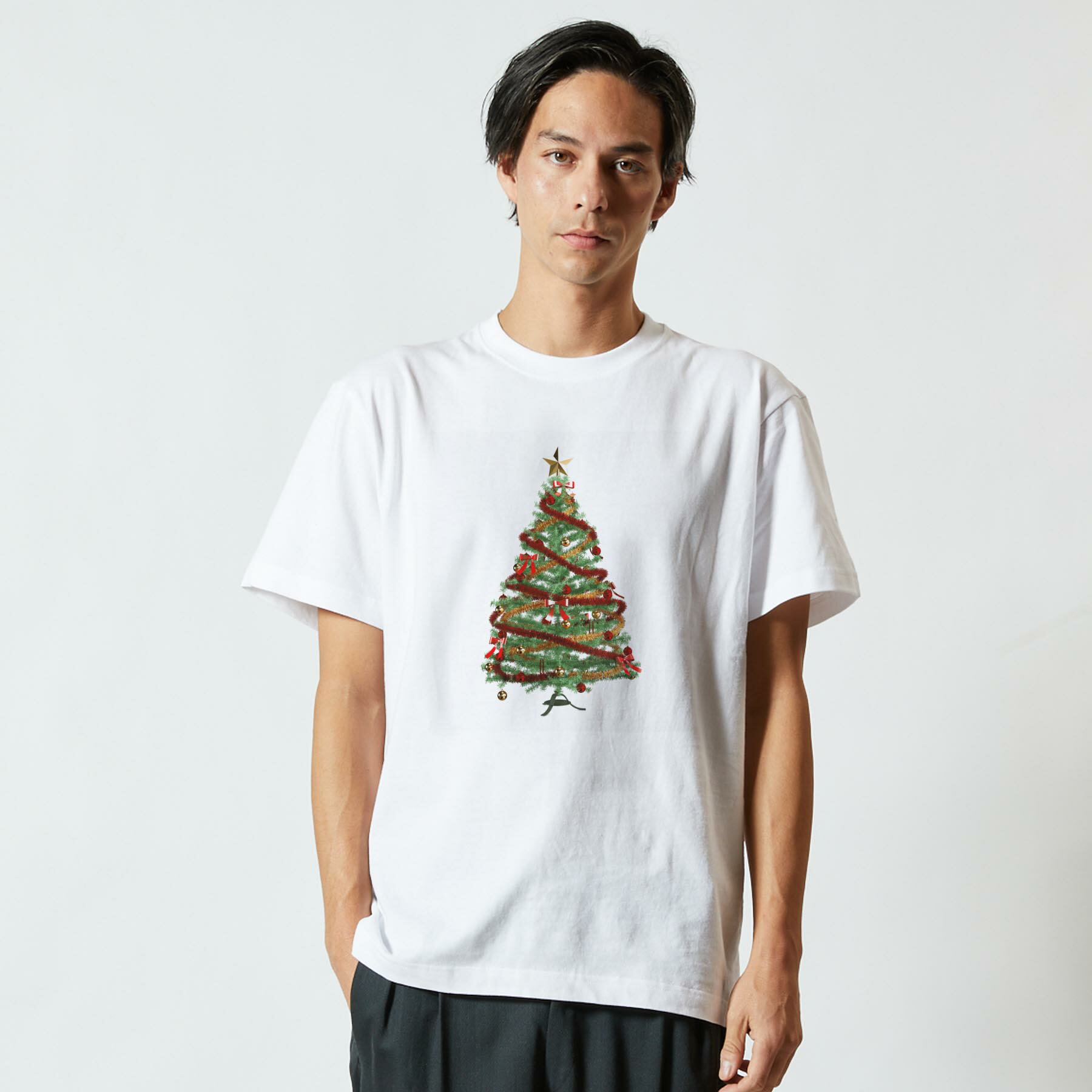 Tシャツ メンズ 半袖 ホワイト 無地 デザイン M ティーシャツ T shirt 009842 クリスマス　ツリー　星