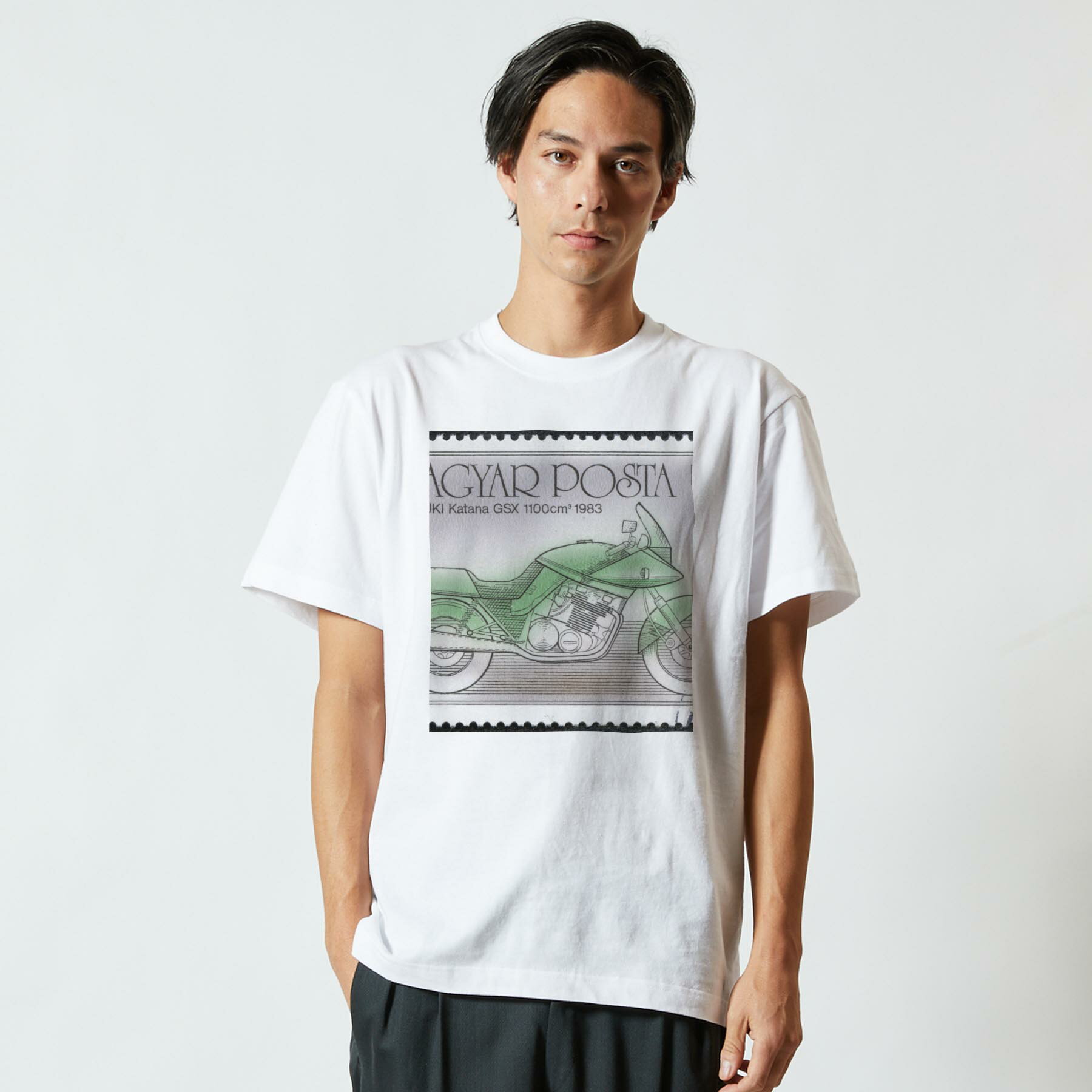 Tシャツ メンズ 半袖 ホワイト グレー デザイン S M L XL 2XL Tシャツ ティーシャツ T shirt 010334 乗り物　バイク　切手
