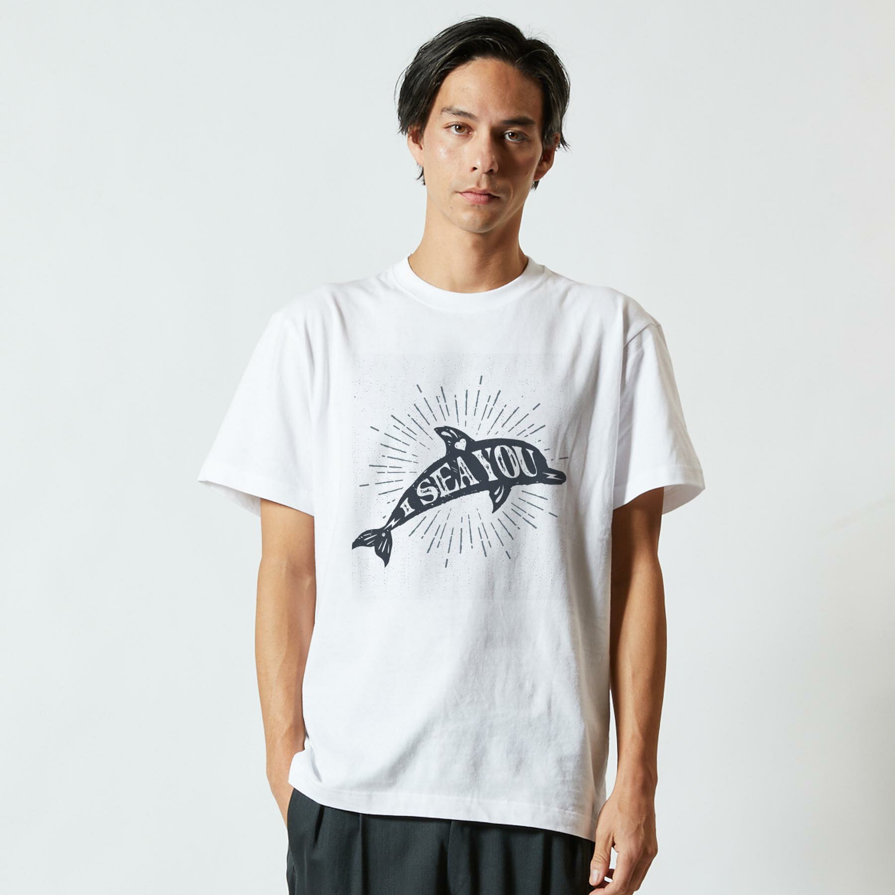 Tシャツ メンズ 半袖 ホワイト 無地 デザイン M ティーシャツ T shirt 010939 海　イルカ　英語