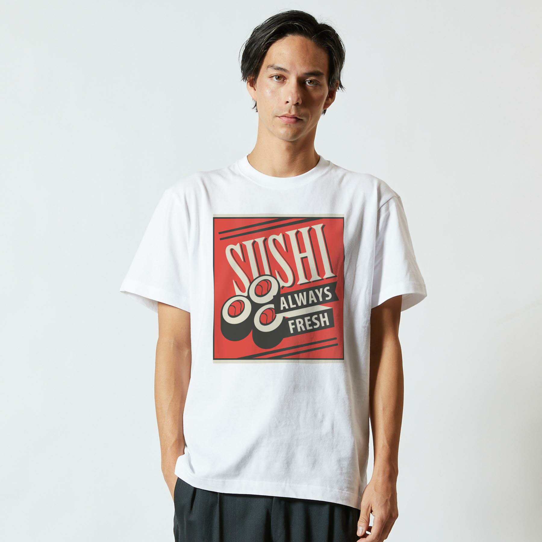 tシャツ メンズ 半袖 ホワイト グレー デザイン XS S M L XL 2XL Tシャツ ティーシャツ T shirt 011637 寿司　英語　赤