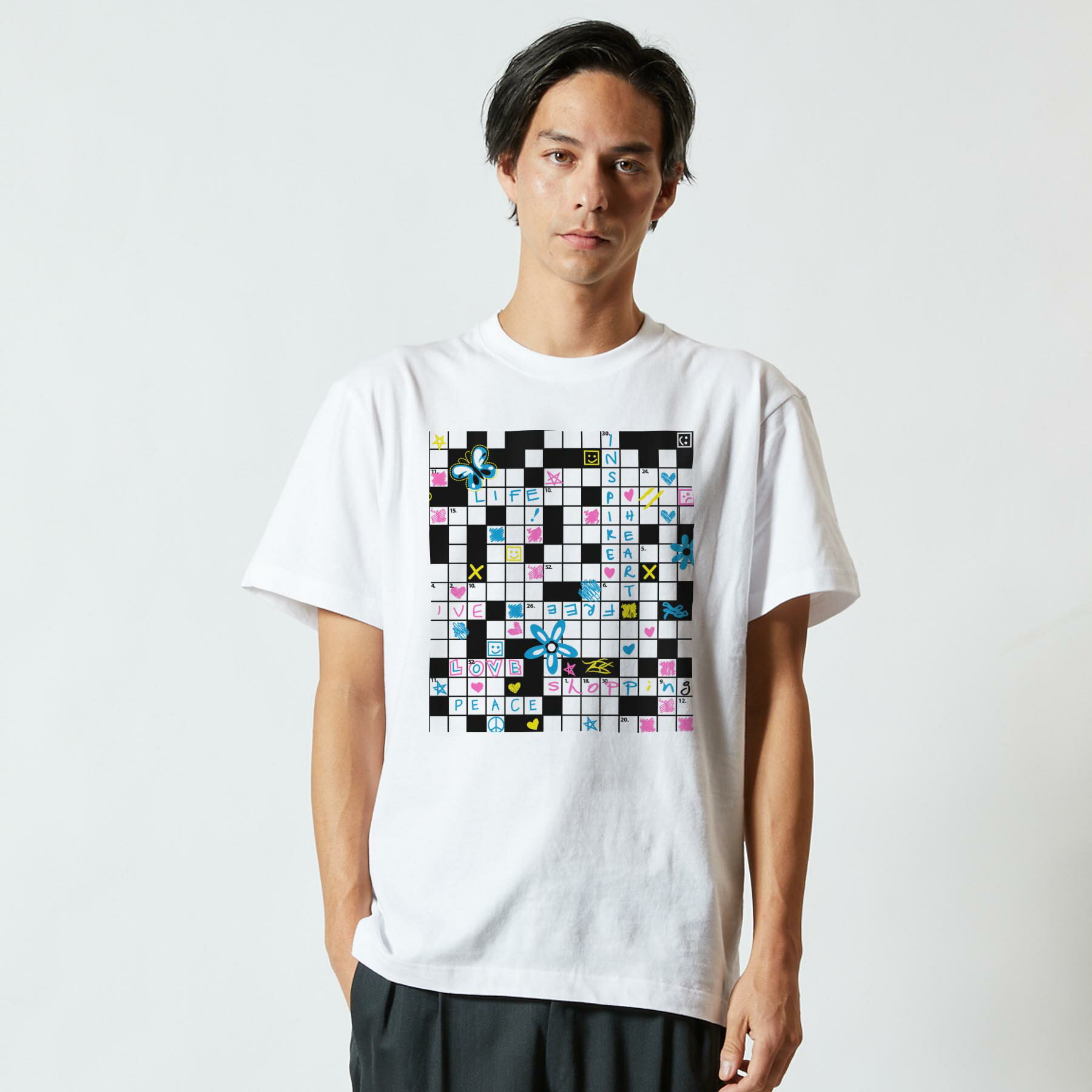 Tシャツ メンズ 半袖 ホワイト グレー デザイン S M L XL 2XL Tシャツ ティーシャツ T shirt 011765 英語　クロスワード　花