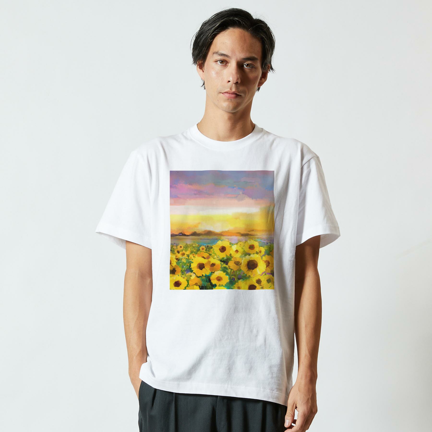 tシャツ メンズ 半袖 ホワイト グレー デザイン XS S M L XL 2XL Tシャツ ティーシャツ T shirt 012156 ひまわり　絵画　景色