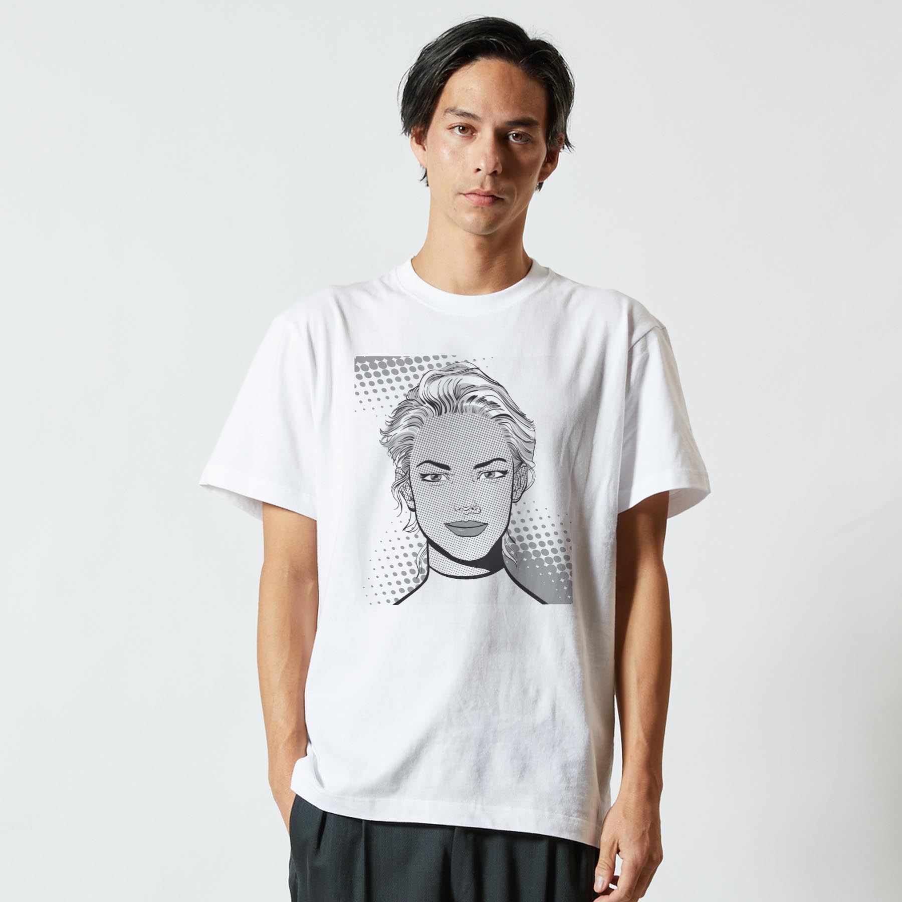 Tシャツ メンズ 半袖 ホワイト 無地 デザイン M ティーシャツ T shirt 013418 女性　イラスト　モノトーン
