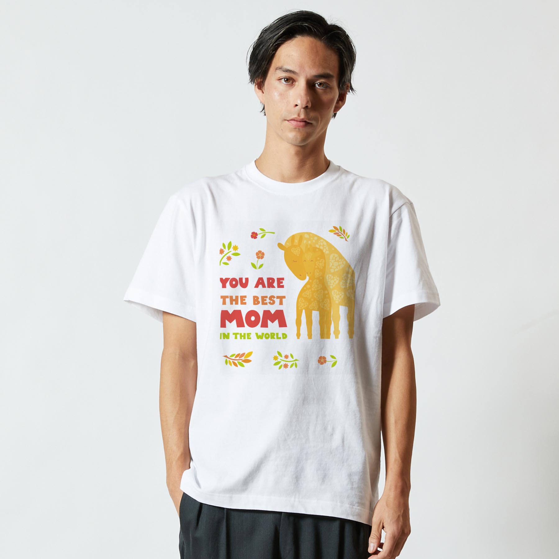 Tシャツ メンズ 半袖 ホワイト 無地 デザイン M ティーシャツ T shirt 013446 親子　きりん　英語