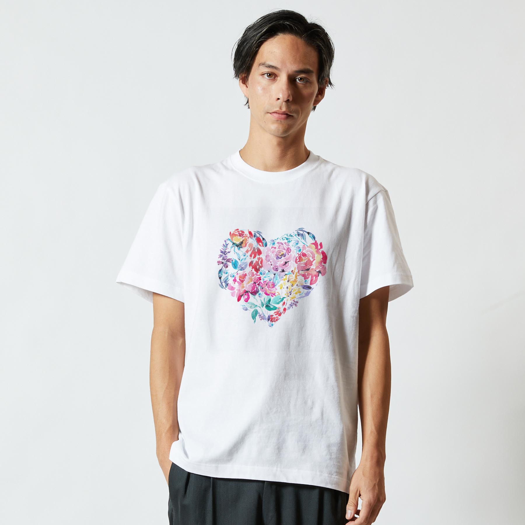 Tシャツ メンズ 半袖 ホワイト 無地 デザイン M ティーシャツ T shirt 013471 花　花柄　ハート