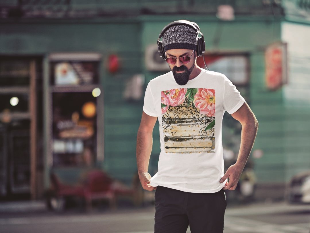 Tシャツ メンズ 半袖 ホワイト 無地 デザイン M ティーシャツ T shirt 014046 花　　ピンク