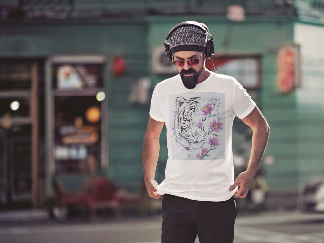 Tシャツ メンズ 半袖 ホワイト グレー デザイン S M L XL 2XL Tシャツ ティーシャツ T shirt 014065 トラ　動物　花