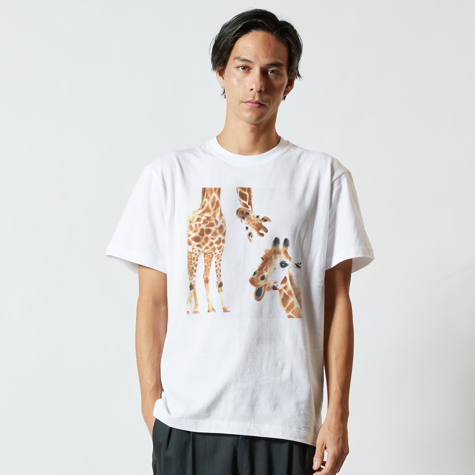 Tシャツ メンズ 半袖 ホワイト 無地 デザイン M ティーシャツ T shirt 014166 きりん　動物　アニマル