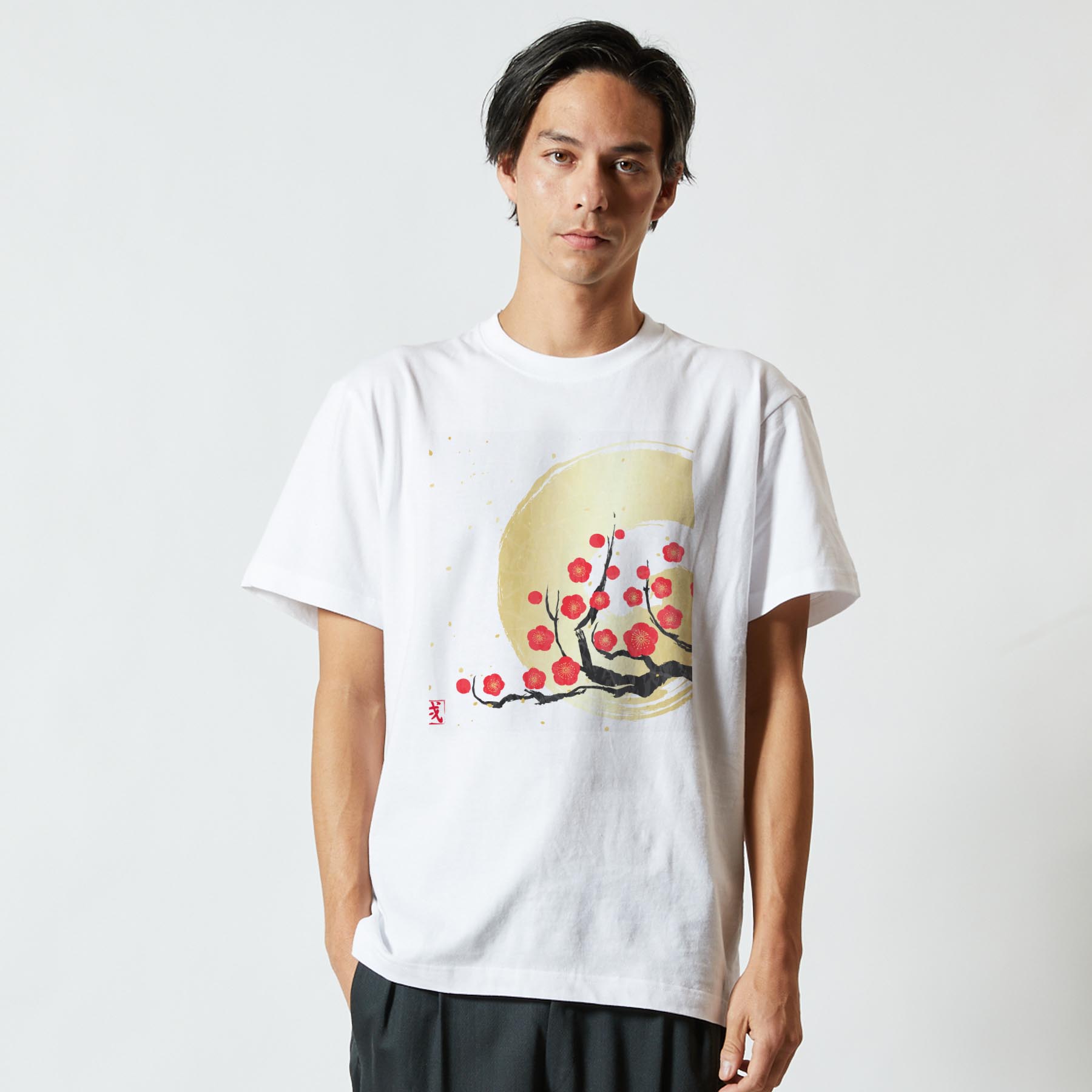 Tシャツ メンズ 半袖 ホワイト グレー デザイン S M L XL 2XL Tシャツ ティーシャツ T shirt 015666 梅　花　植物