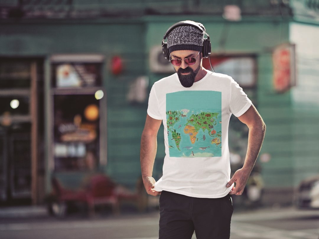 Tシャツ メンズ 半袖 ホワイト グレー デザイン S M L XL 2XL Tシャツ ティーシャツ T shirt 015958 世界地図　wordmap 動物