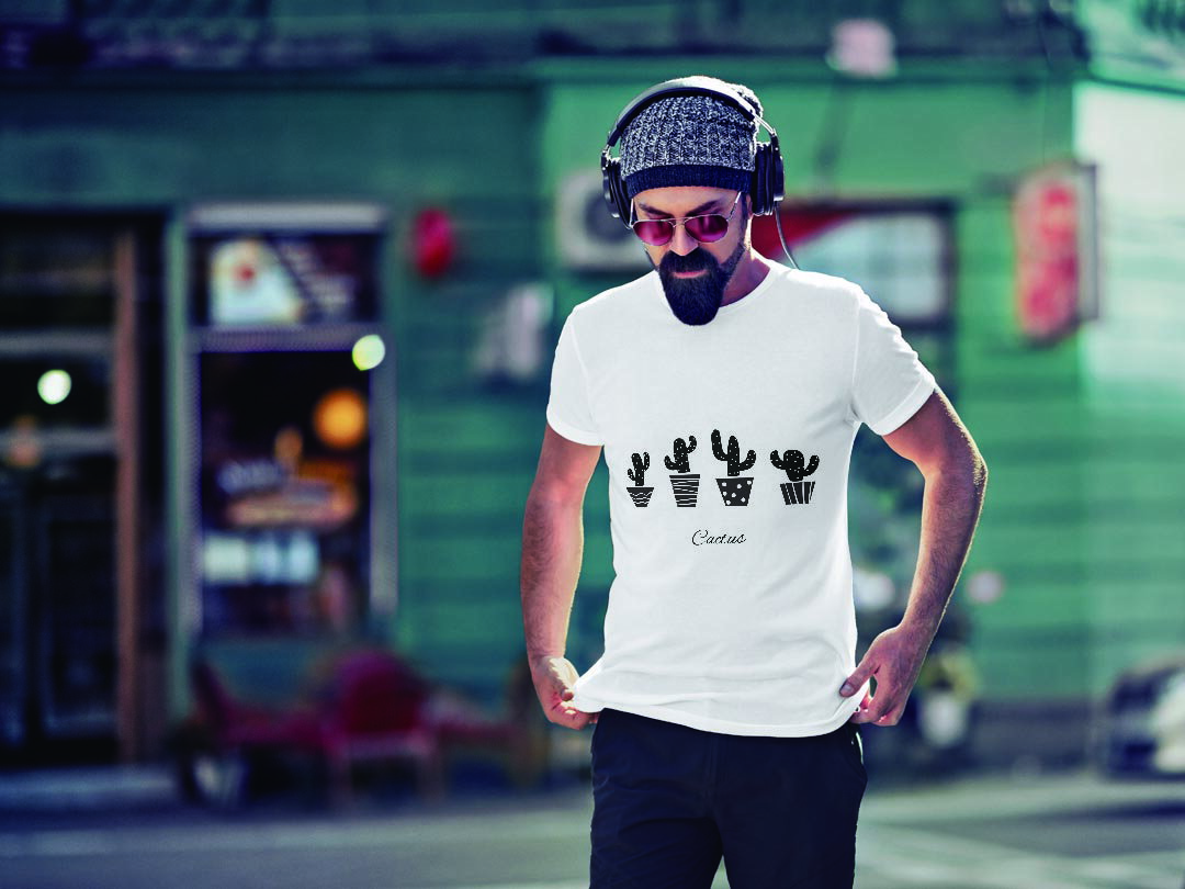 Tシャツ メンズ 半袖 ホワイト 無地 デザイン M ティーシャツ T shirt 016440 サボテン モノクロ