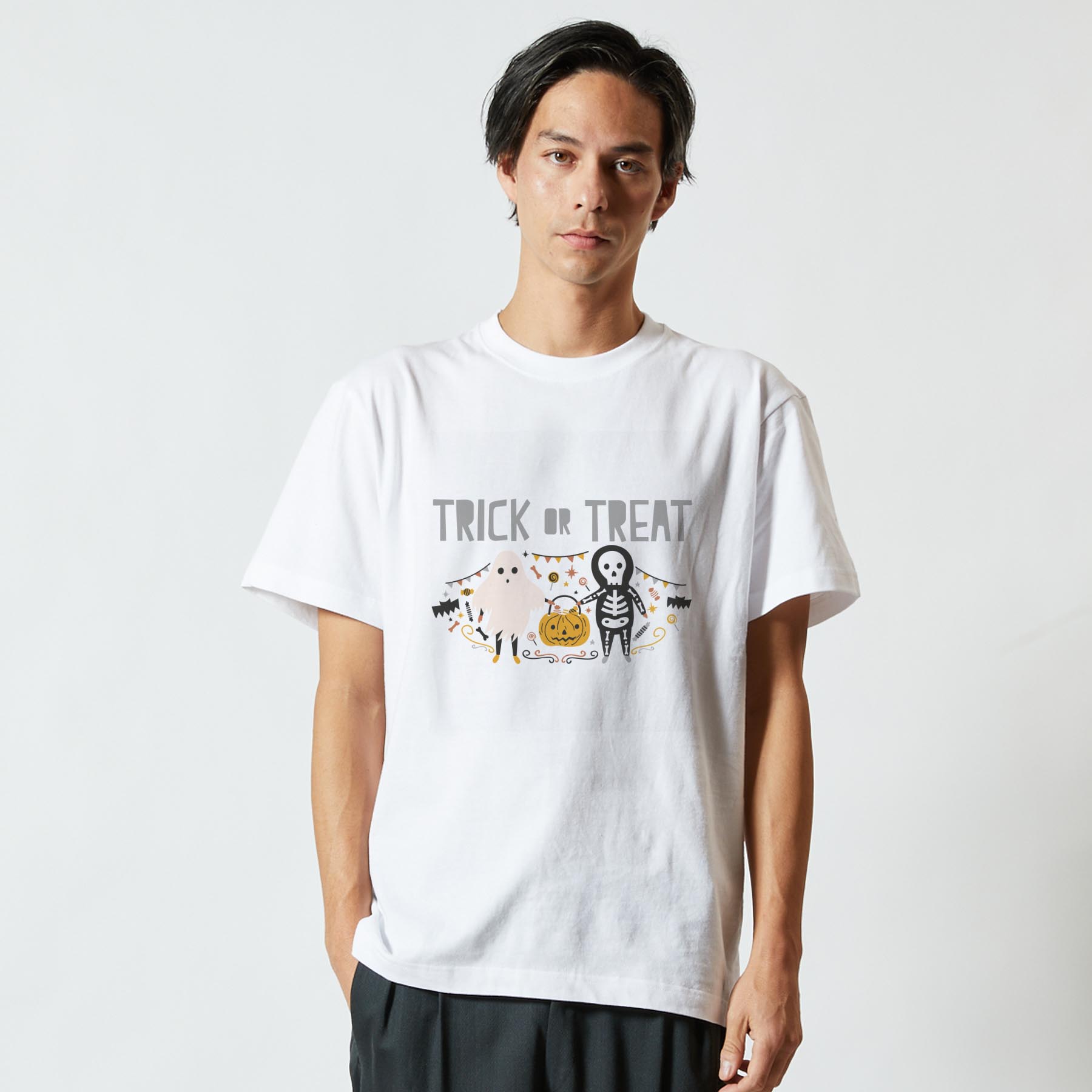 Tシャツ メンズ 半袖 ホワイト 無地 デザイン M ティーシャツ T shirt 017440 おばけ　ガイコツ　かわいい