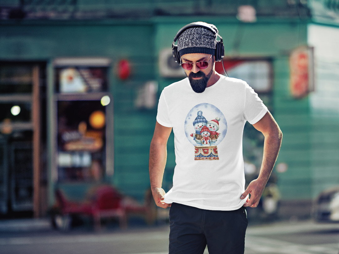 Tシャツ メンズ 半袖 ホワイト 無地 デザイン M ティーシャツ T shirt 017820 スノードーム 雪だるま 冬